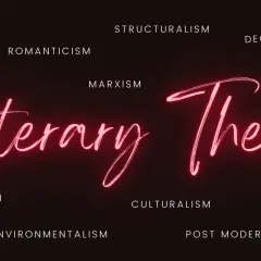 Neonowy napis "Literary Theory" otoczony nazwami różnych teorii literackich.