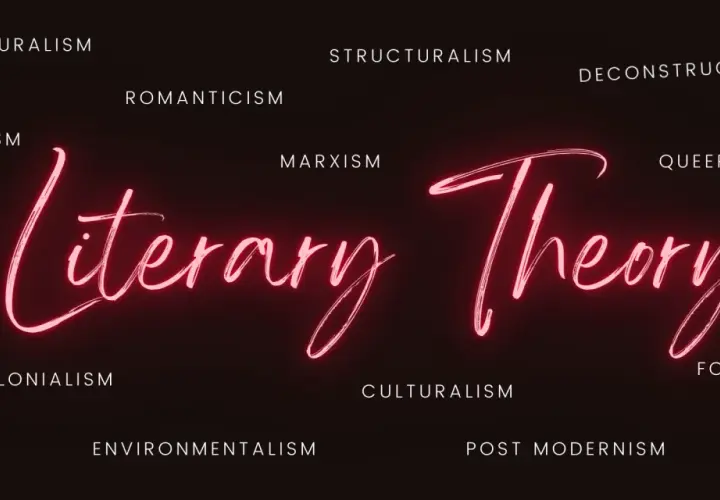 Neonowy napis "Literary Theory" otoczony nazwami różnych teorii literackich.