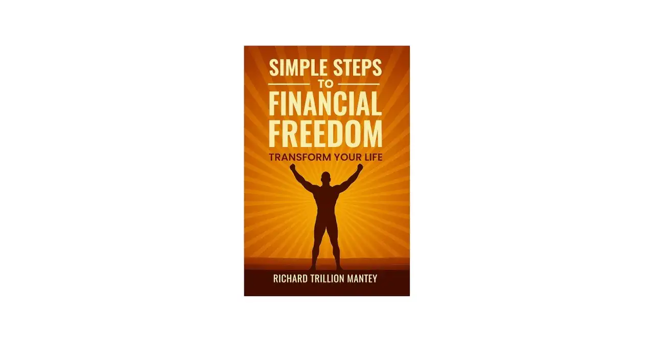 Okładka książki "Simple Steps to Financial Freedom" z sylwetką mężczyzny z podniesionymi rękami.