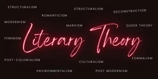 Neonowy napis "Literary Theory" otoczony nazwami różnych teorii literackich.